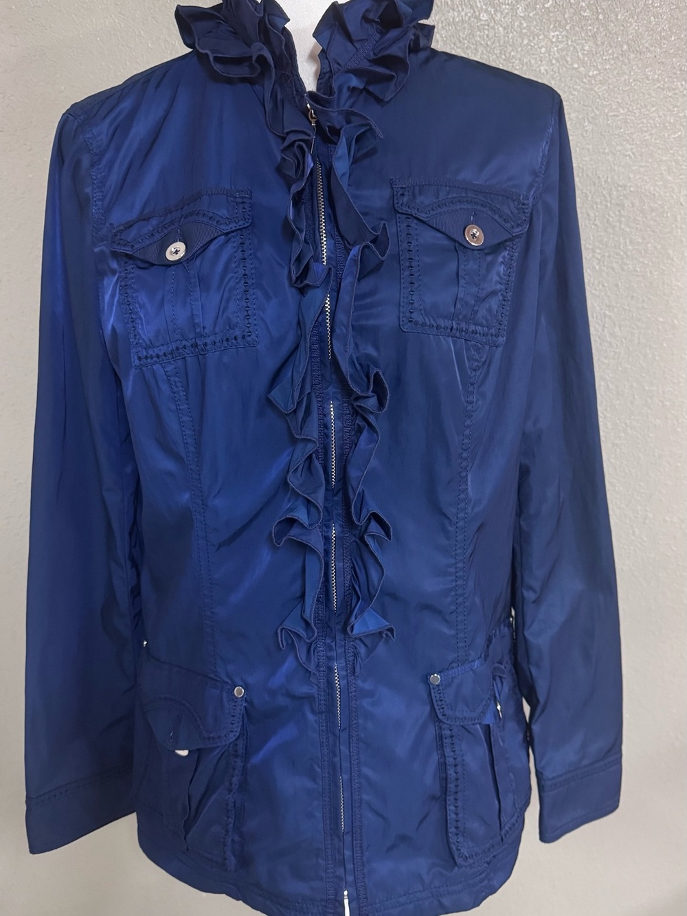 White House Black Market Navy Ruffle-Front Utility Jacket